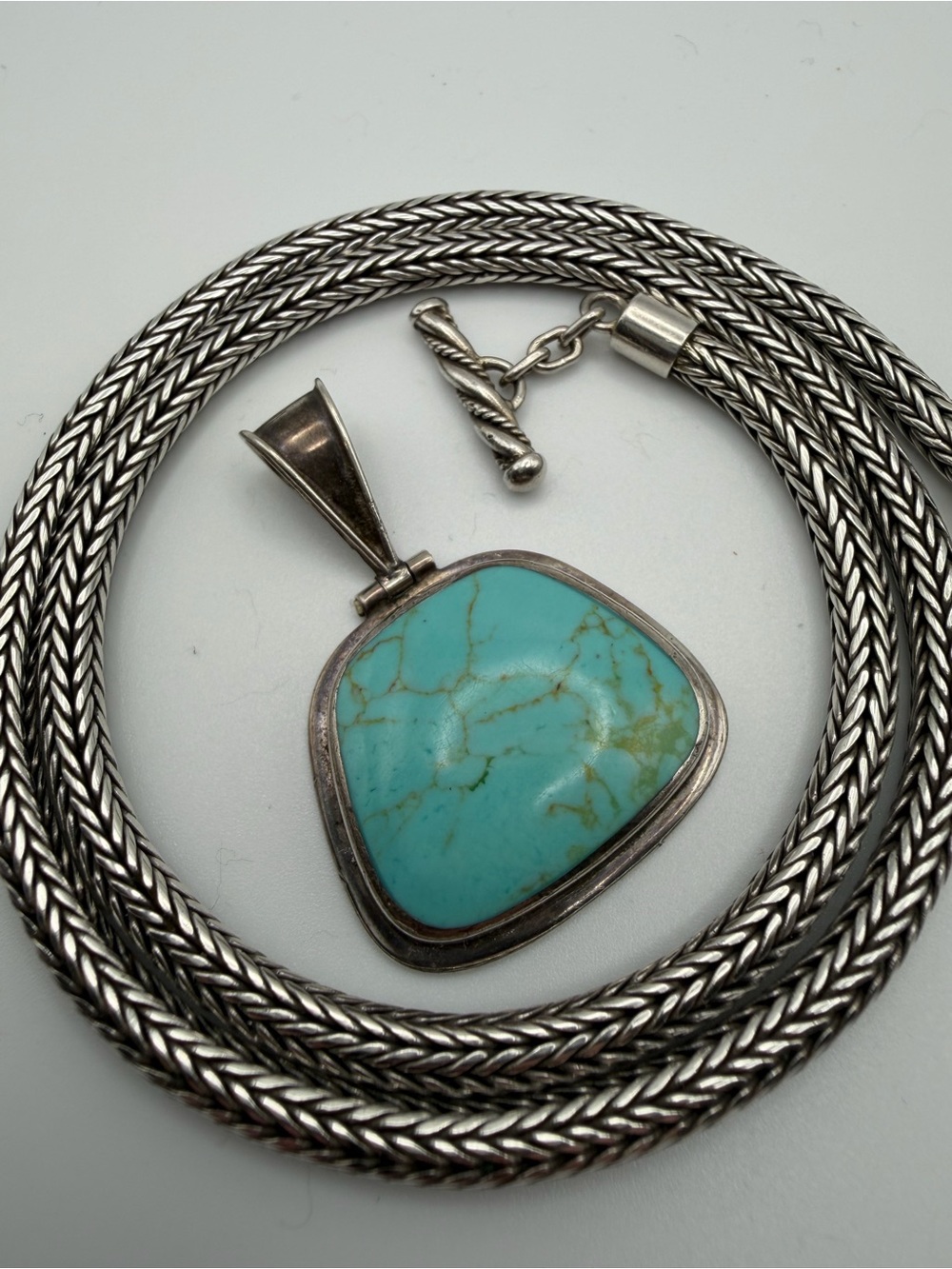 Sterling Silver Herringbone Chain Necklace - Silver wBlue Stone Pendant 64.6g
